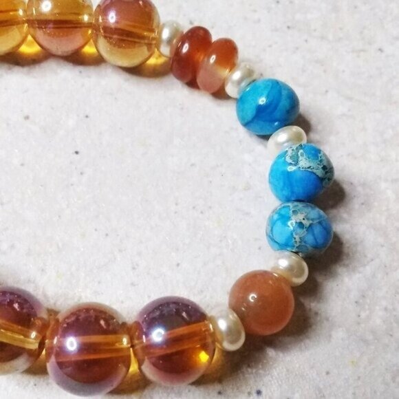 Mixed Media ~ Beaded Bracelet 7" Wrist! Aqua Sea Sediment Jasper, Orange Agate - Picture 7 of 8